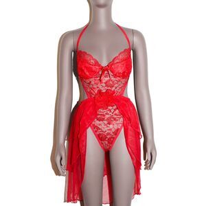 Red Lace Bodysuit Sheer Mesh Floral One Piece Women Sexy Lingerie